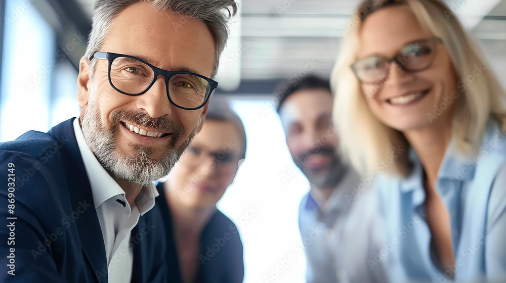 Smiling team of business professionals, including an older man with glasses, working together in a bright office setting. Smiling team of business professionals, including an older man with glasses, working together in a bright office setting.