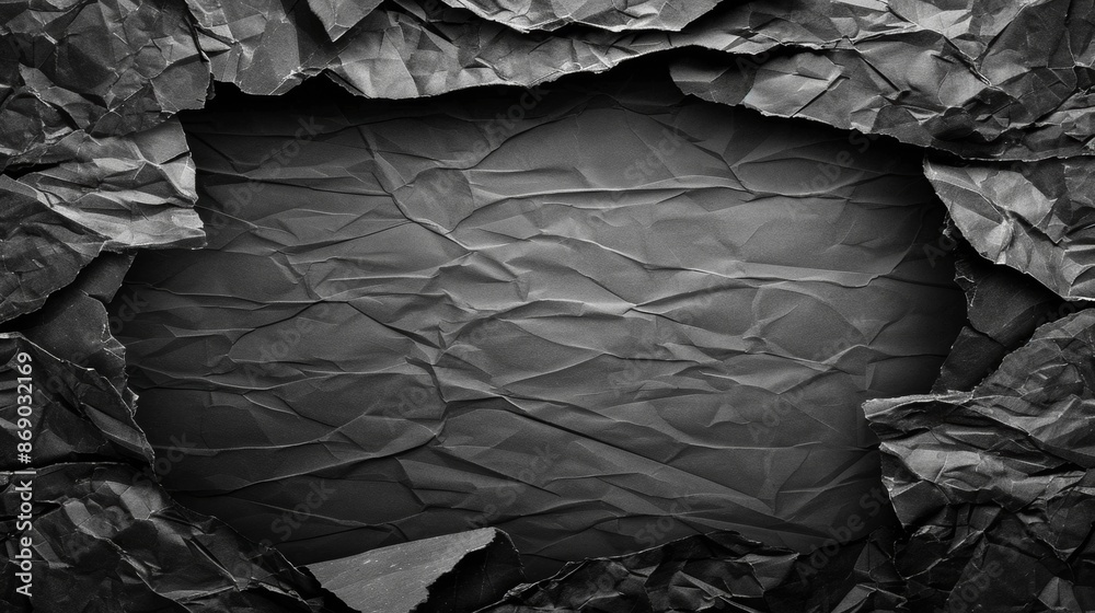 Crumpled black paper texture with torn edges