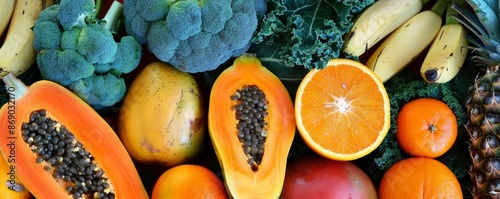 Vibrant Tropical Fruit and Vegetable Mix - Close Up, beta carotene photo