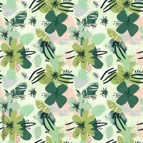 Seamless pattern with abstract cute flowers, shapes and lines, a combination of light green, neon green, dark green, mint and pink
