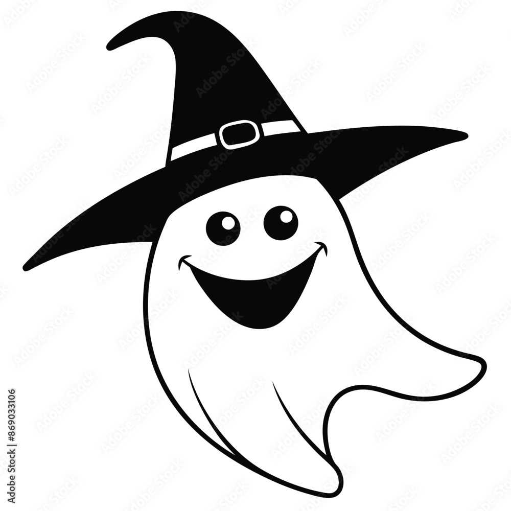 Fototapeta premium Simple halloween cartoon ghost wearing witch hat. Happy Halloween concept.
