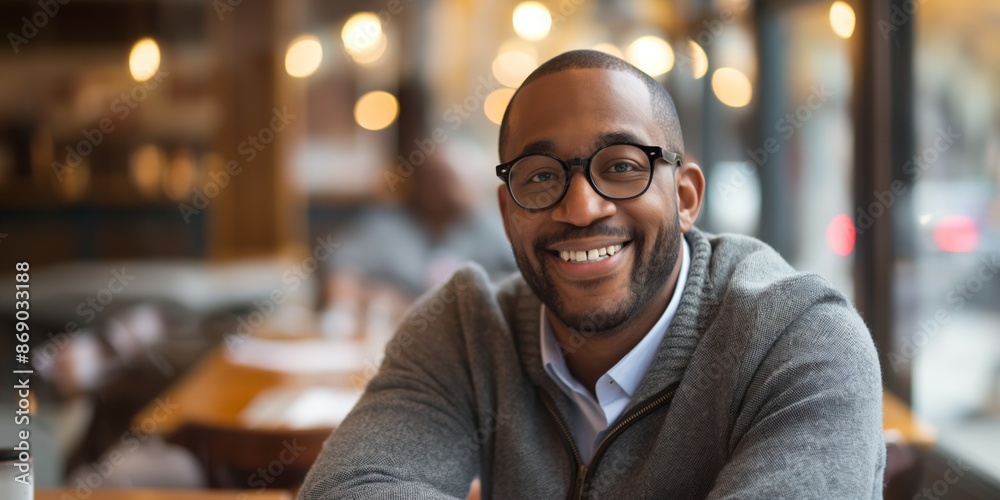 A cheerful man with glasses and a warm sweater smiles while sitting in a cozy cafe with a soft, ambient atmosphere and warm lighting, enjoying his time. A cheerful man with glasses and a warm sweater smiles while sitting in a cozy cafe with a soft, ambient atmosphere and warm lighting, enjoying his time.