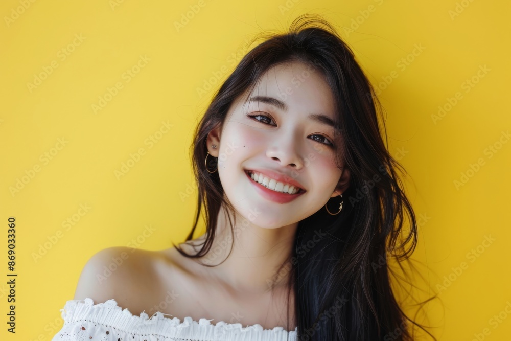 Happy young beautiful asian woman on yellow background