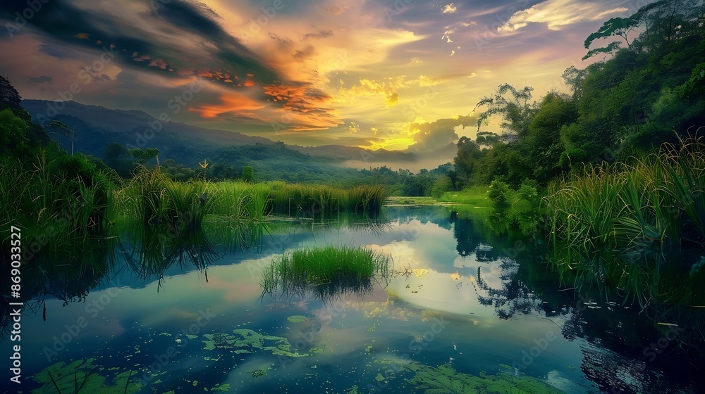 A tranquil lake surrounded by lush greenery with vibrant water reflecting a dramatic sky a serene scene in nature : Generative AI