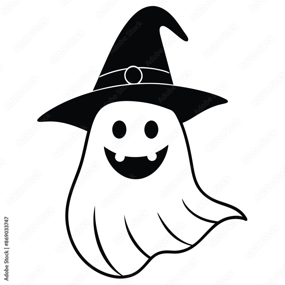 Simple halloween cartoon ghost wearing witch hat. Happy Halloween concept. Simple halloween cartoon ghost wearing witch hat. Happy Halloween concept.