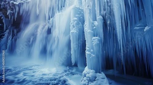 Icy waterfalls frozen in motion creating