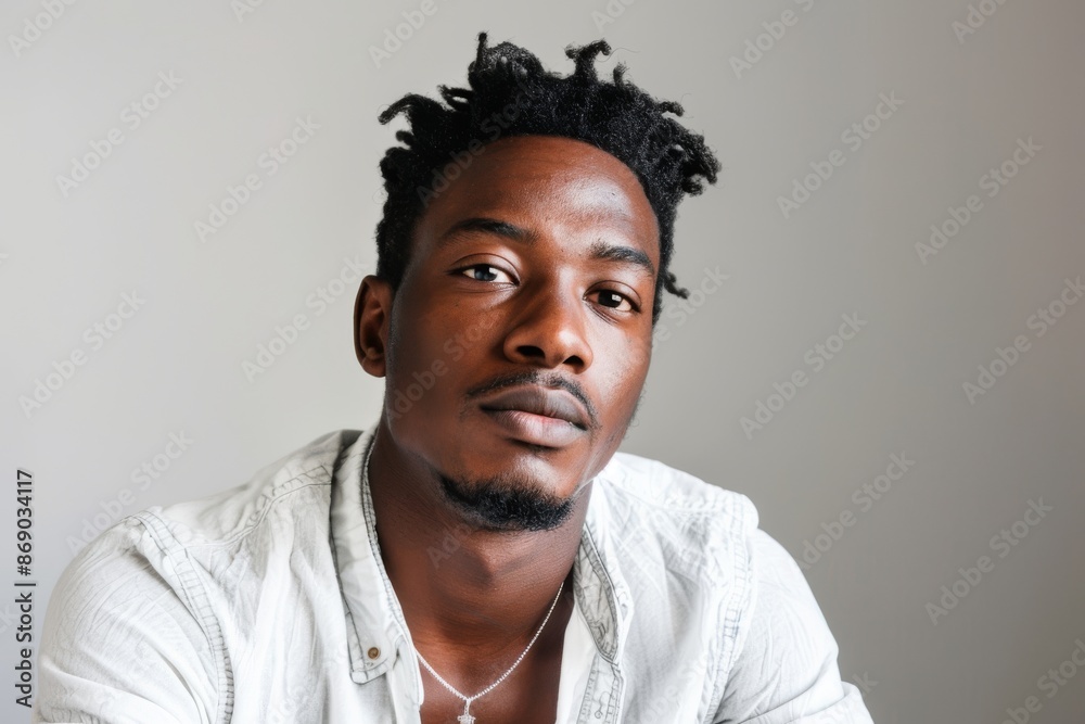 portrait of adult Black man looking at camera in studio portrait of adult Black man looking at camera in studio