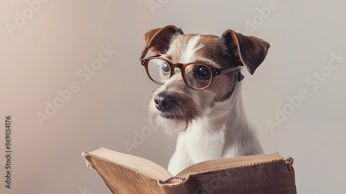 Dog with glasses reading a book, dogs reading book, cute dog is reading, dog illustration, dog background