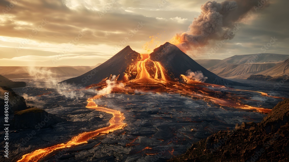 Fototapeta premium Landscape with a volcano and lava flows picture