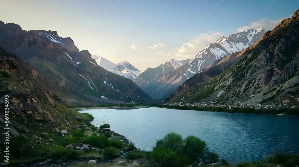 Blue mountain lake and river in a mountain valley among vegetation against the backdrop of rocky peaks with snow in the Fan Mountains in Tajikistan Tien Shan highlands in the evening : Generative AI Blue mountain lake and river in a mountain valley among vegetation against the backdrop of rocky peaks with snow in the Fan Mountains in Tajikistan Tien Shan highlands in the evening : Generative AI