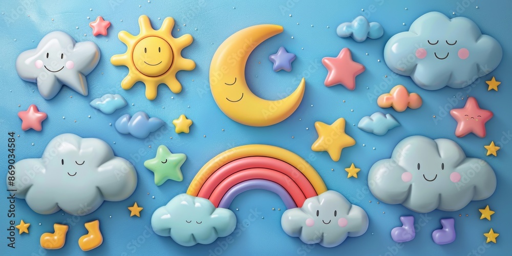 Rainbow Clouds Stars Blue Wall Rainbow Clouds Stars Blue Wall