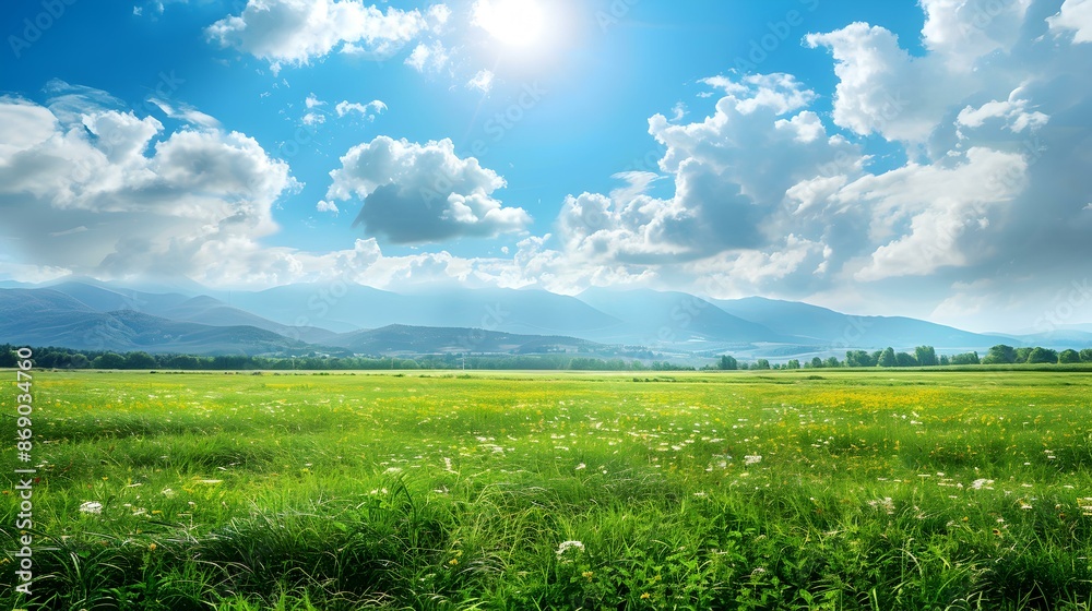 Obraz premium Landscape with vast meadows and distant mountains