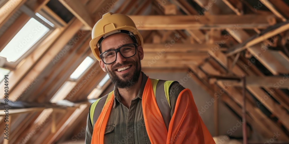 A construction worker equipped with a safety helmet and vest stands underneath a wooden roof frame, showcasing commitment to building and attention to structural integrity. A construction worker equipped with a safety helmet and vest stands underneath a wooden roof frame, showcasing commitment to building and attention to structural integrity.