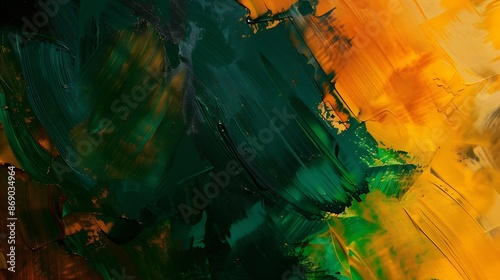 Abstract Acrylic Masterpiece featuring Vibrant Tonal Interplay of Green Brown Yellow and Orange : Generative AI photo