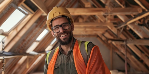 A construction worker equipped with a safety helmet and vest stands underneath a wooden roof frame, showcasing commitment to building and attention to structural integrity. photo