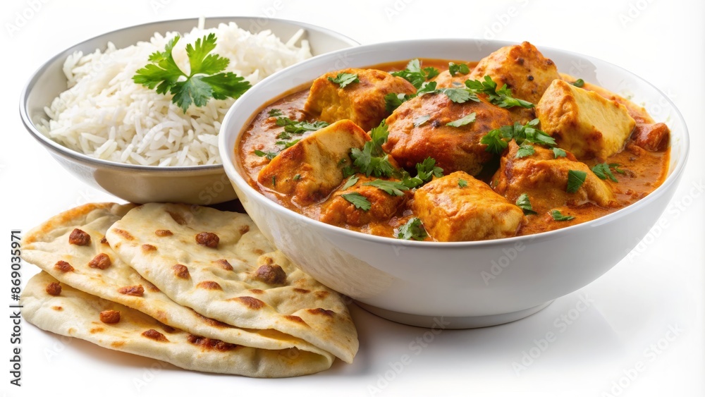 Savory Indian chicken curry with basmati rice and naan bread croutons in a white bowl on a transparent background Savory Indian chicken curry with basmati rice and naan bread croutons in a white bowl on a transparent background