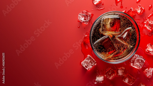 Refreshing cola with ice cubes, served chilled in a glass. Captured over a solid red background, leaving ample space for your text or design.