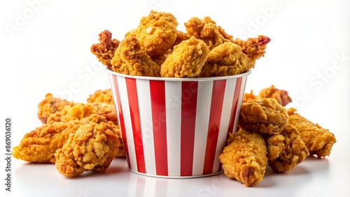 Crispy golden fried chicken pieces overflowing from a red and white striped paper bucket against a pristine white background.