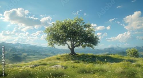 Lonely Tree on a Rolling Green Hilltop Under a Sunny Sky