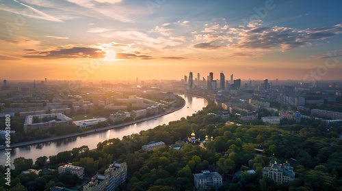 Panorama of Moscow at sunset Russia Nice landscape scenery of city park and Strogino district in Moscow northwest Aerial panoramic view of Moskva River bays Scenic Moscow skyline in su : Generative AI photo