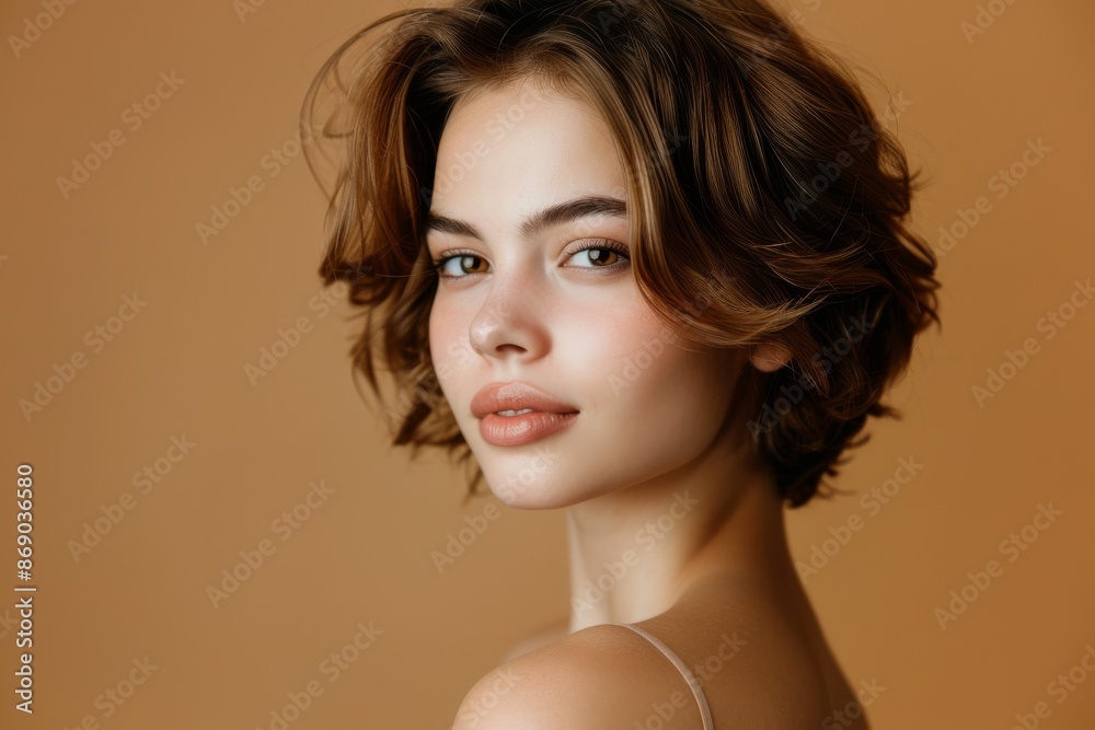 Portrait of a beautiful brown-haired woman with a short haircut on a brown background Portrait of a beautiful brown-haired woman with a short haircut on a brown background