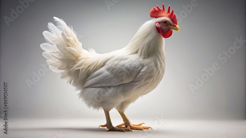 Cleanly lit, high-contrast, isolated white chicken against a pure white seamless background, emphasizing fine feather details and realistic texture.