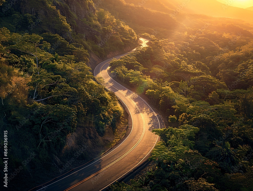 Detailed capture of a winding highway stretching through verdant mountain terrain at sunset, the golden light casting long shadows and highlighting the rich textures of the road and surrounding Detailed capture of a winding highway stretching through verdant mountain terrain at sunset, the golden light casting long shadows and highlighting the rich textures of the road and surrounding