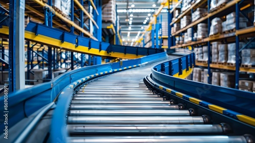 A conveyor system in a warehouse