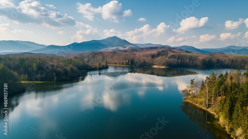 ywieckie Lake  Polish mountains  view of Mount ar  aerial shots on a sunny day  tourist attractions in southern Poland : Generative AI photo