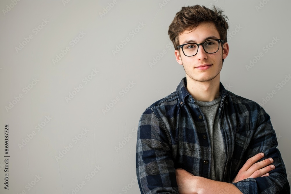 Portrait of a handsome young man in glasses with his arms crossed looking at the camera Portrait of a handsome young man in glasses with his arms crossed looking at the camera