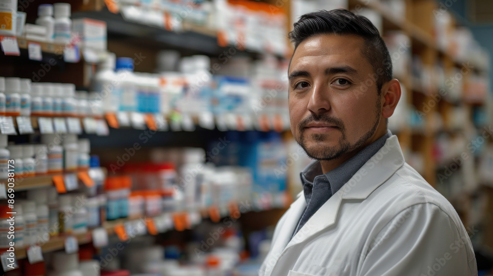A man in a white lab coat stands in front of a pharmacy shelf A man in a white lab coat stands in front of a pharmacy shelf