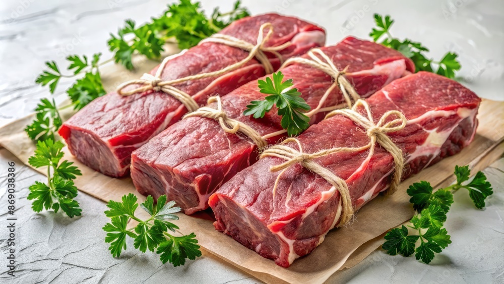 Freshly wrapped raw beef striploin steaks sit neatly arranged on a clean white surface, garnished with parsley and twine. Freshly wrapped raw beef striploin steaks sit neatly arranged on a clean white surface, garnished with parsley and twine.