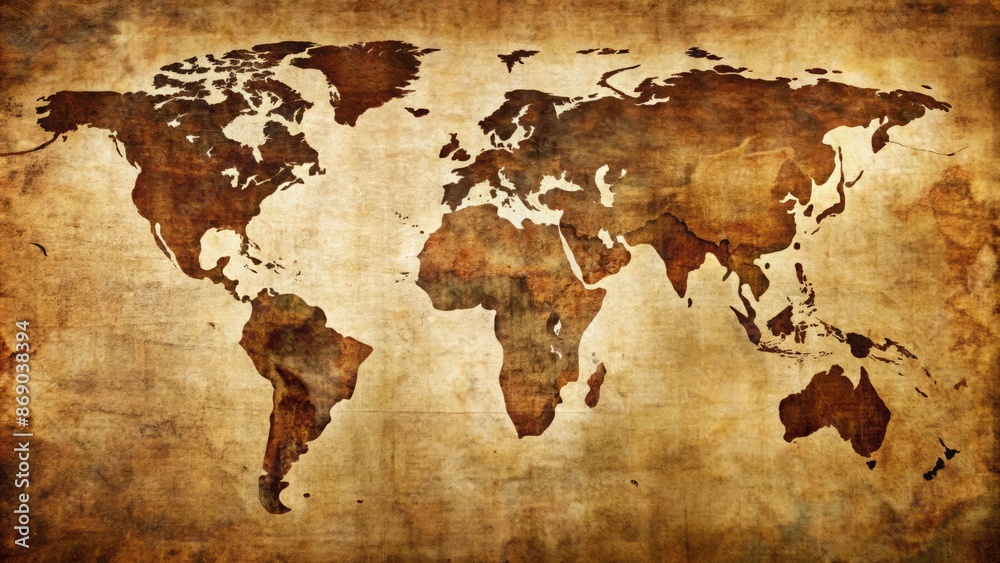 Fototapeta premium Antique-inspired, high-contrast, worn-look political world map featuring vintage earth tones and ornate typography on a distressed background.