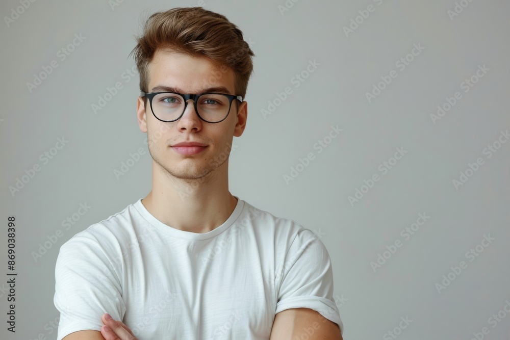 Portrait of a handsome young man in glasses with his arms crossed looking at the camera