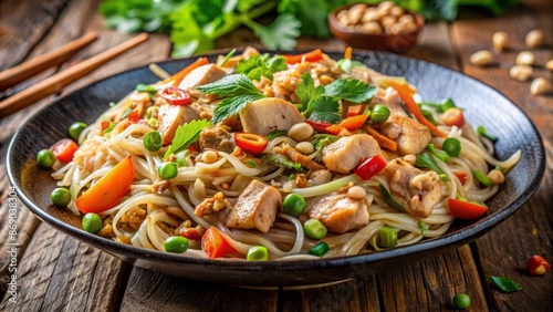 Vibrant dish of steaming hot stir-fried rice noodles, succulent chicken, and crisp vegetables, garnished with peanuts and fresh herbs.