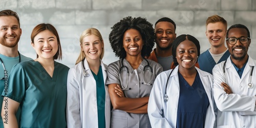 A group of healthcare workers in diverse medical uniforms smiles confidently, standing together indoors, emphasizing dedication, teamwork, and the importance of medical professionals.
