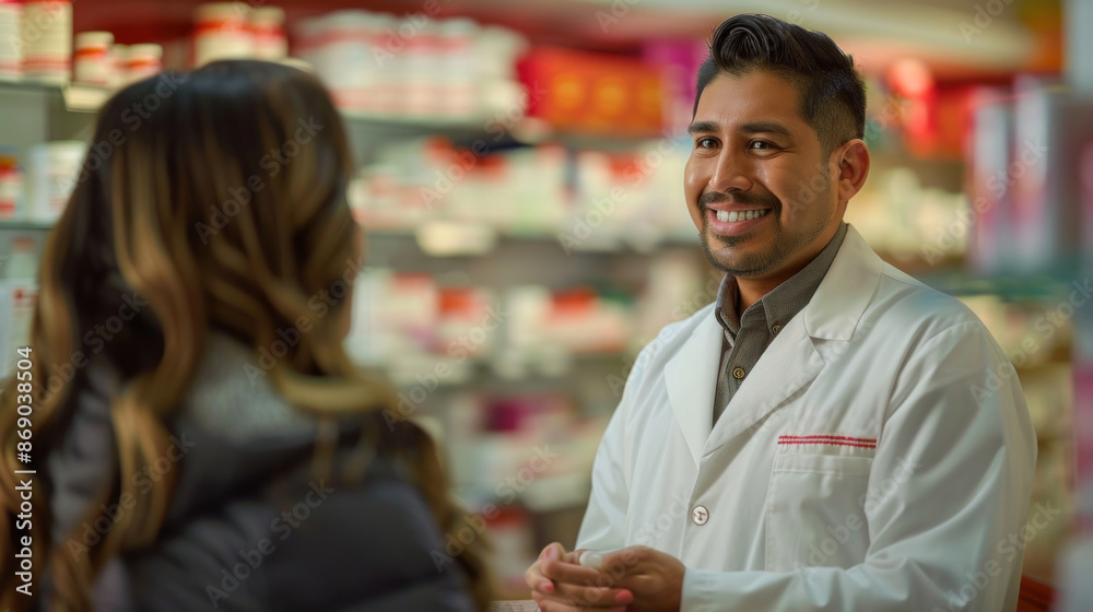 A man in a white lab coat is talking to a woman in a store. The man is smiling and the woman is smiling back A man in a white lab coat is talking to a woman in a store. The man is smiling and the woman is smiling back