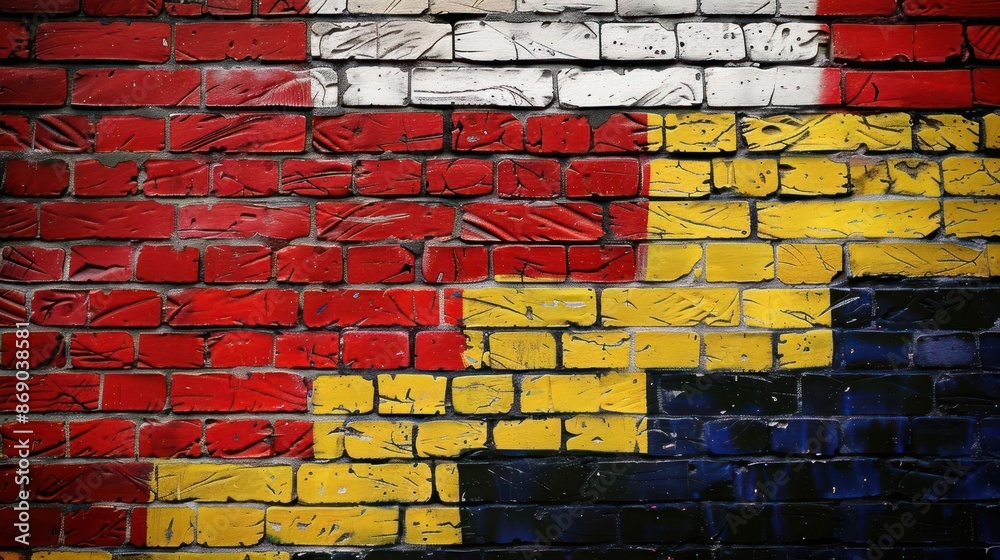 A brick wall with red, yellow and blue paint on it A brick wall with red, yellow and blue paint on it