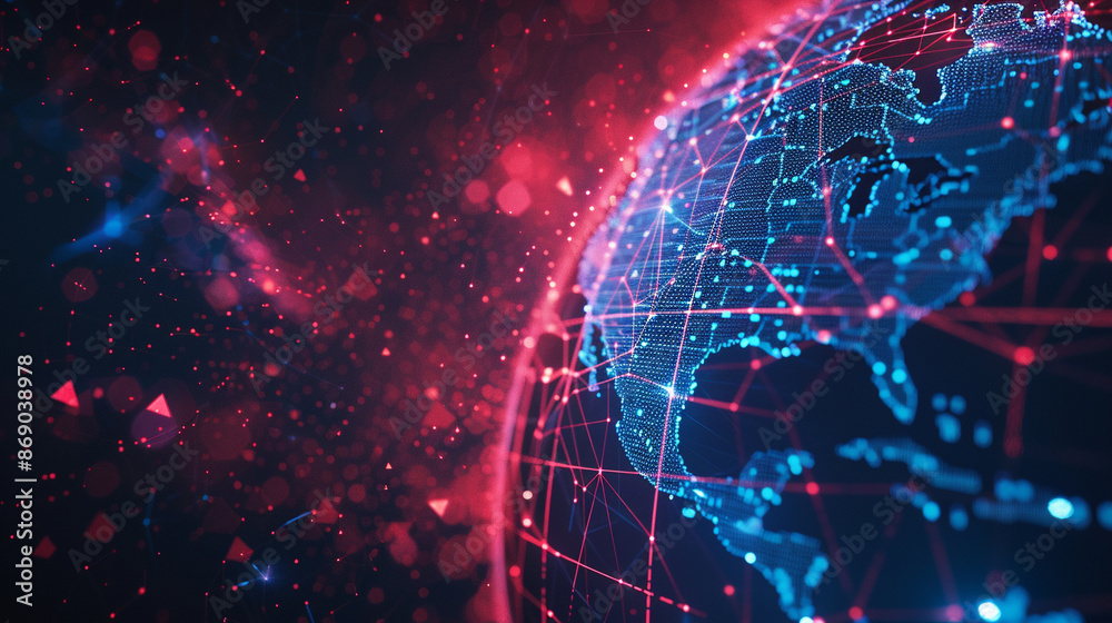 Obraz premium Blue, orange Earth Particle Data Network Digital Technology Concept.