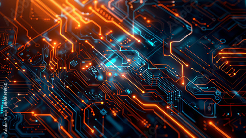 Orange, blue technology background orange and blue technology background circuit board and code