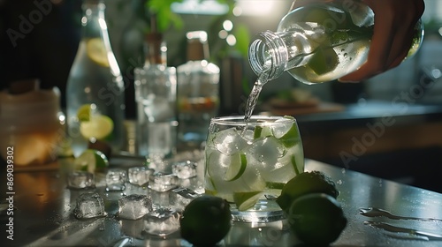 drinks and people concept  close up of woman pouring water from glass bottle to jigger and making lime mojito cocktail at home kitchen : Generative AI photo