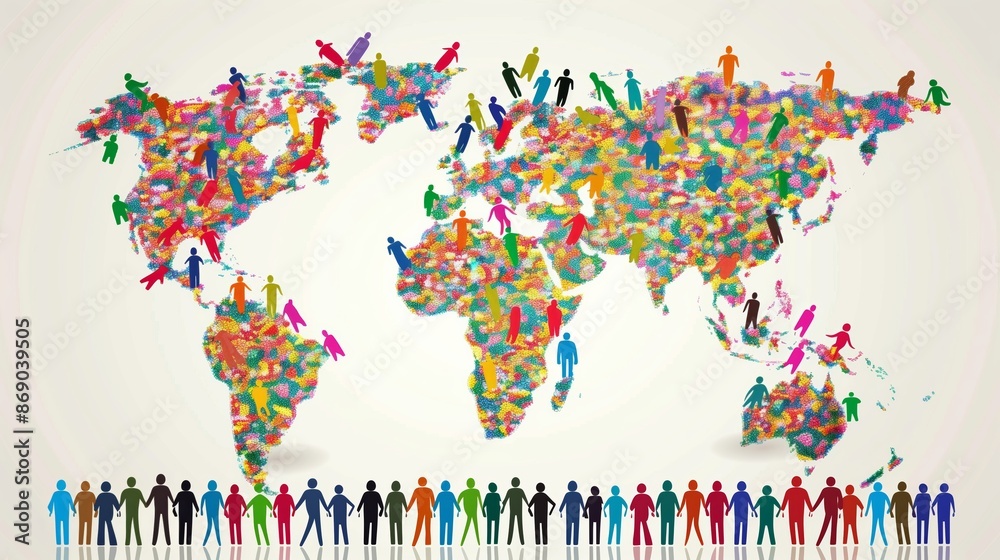Fototapeta premium Diverse Human Silhouettes Beneath a Bright People-Shaped World Map Representing Global Population Growth and International Community Unity