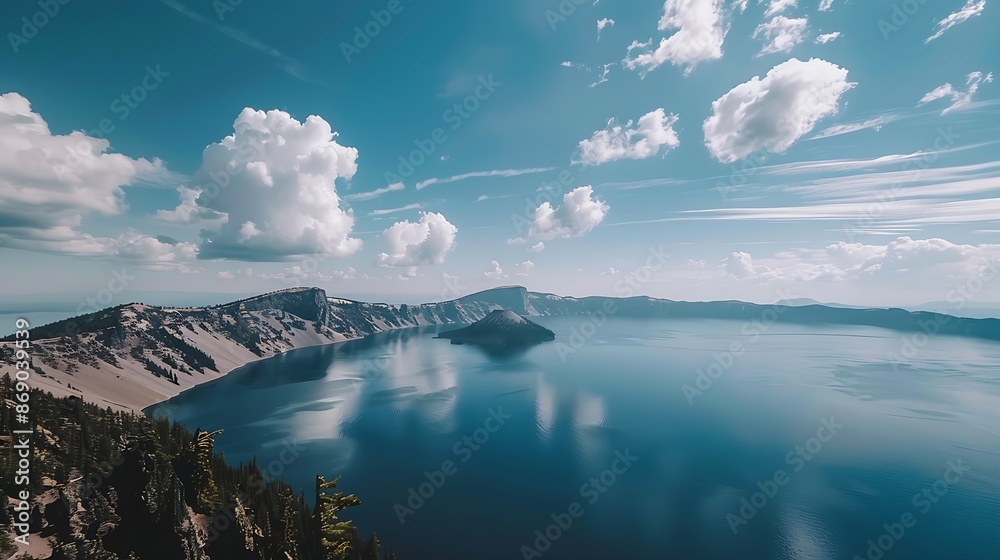 Obraz premium Panoramic view of Crater Lake the main feature of Crater Lake National Park the lake partly fills a caldera formed by the collapse of the volcano Mt Mazama southcentral Oregon western : Generative AI