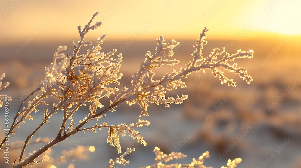 A tumbleweed branch covered with salt crystals on the saline or salt lake Baskunchak Russia Volrograd White salt on yellow branches in sunset or dawn light In the morning or evening : Generative AI