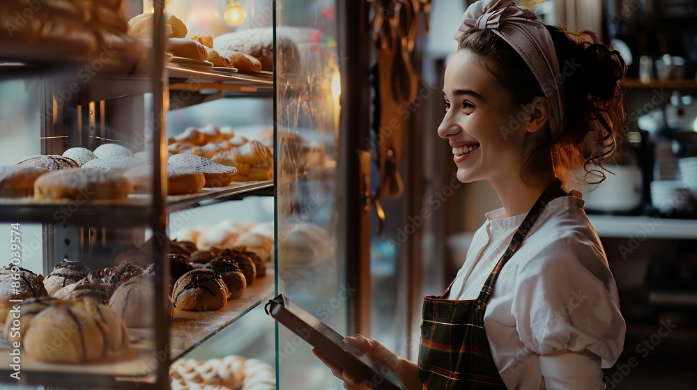 Obraz premium Young adult smiling female baker looking through window while standing in pastry kitchen and holding digital tablet : Generative AI