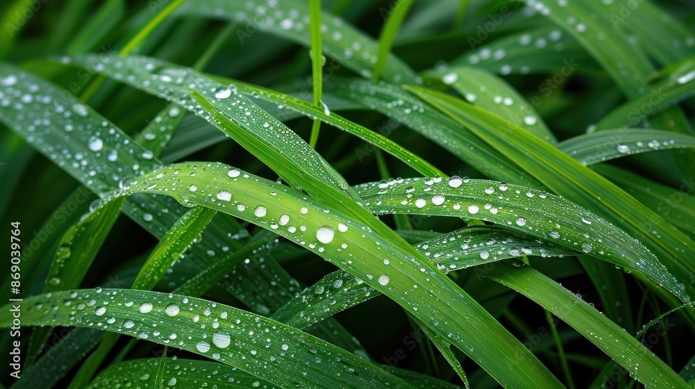 A lush green field with droplets of water on the leaves A lush green field with droplets of water on the leaves