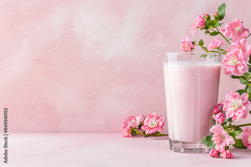 A glass of pink milk with delicate pink flowers on a pink background. Perfect for spring and summer. A glass of pink milk with delicate pink flowers on a pink background. Perfect for spring and summer.