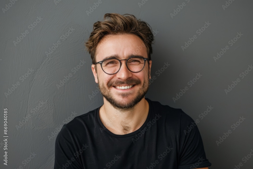 Obraz premium Portrait of attractive glad cheerful man over neutral background