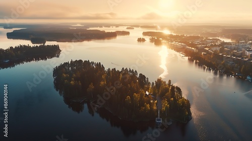 Aerial drone view of the city of Kuopio and rono island Eastern finland  Northern Savonia Europe : Generative AI photo