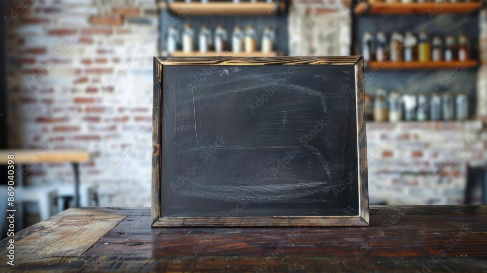 Blank chalkboard with a wooden frame placed on a rustic table in a cozy cafe, ready for custom messages or menus. Blank chalkboard with a wooden frame placed on a rustic table in a cozy cafe, ready for custom messages or menus.